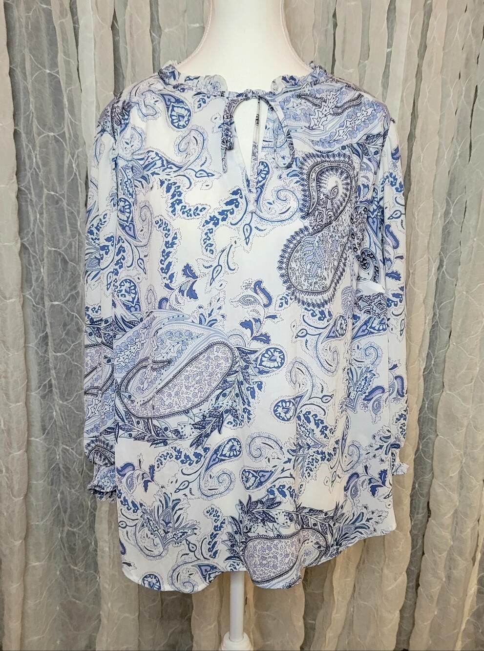 Cynthia Rowley 1X Blue White Paisley Ruffle Keyhole Boho Western Blouse Top